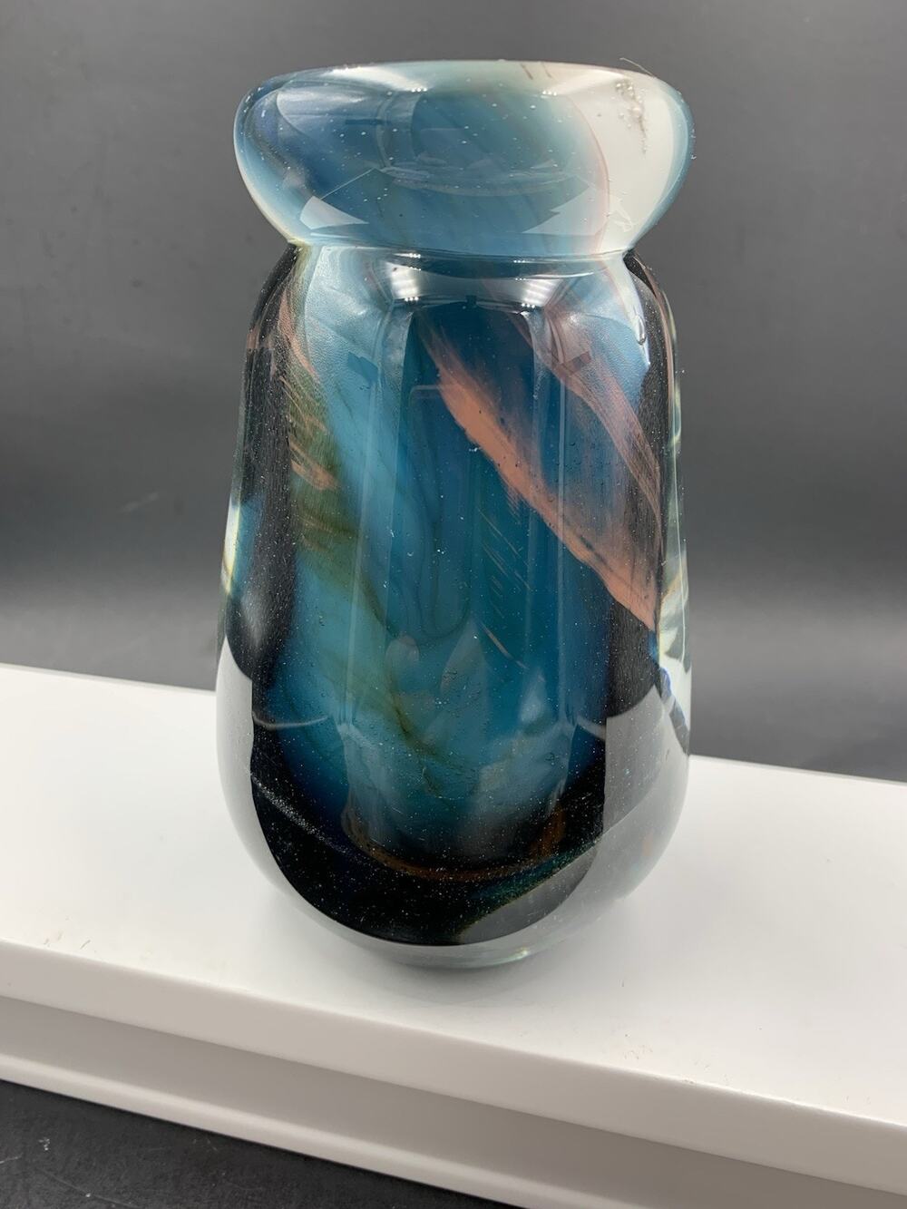 MCM 5 1/2" Heavy Art Glass Vase in Blue w Copper Adventurine Signed